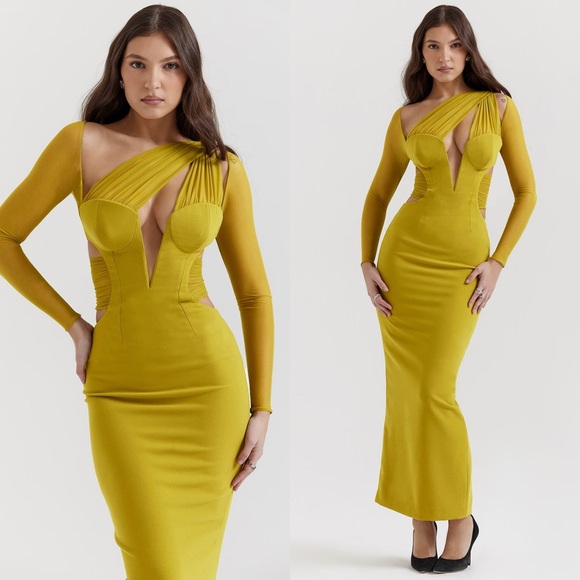 HOUSE OF CB Zahra Chartreuse Plunge Maxi Dress - Picture 3 of 5